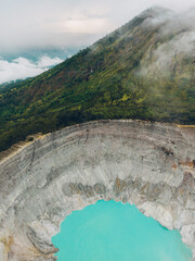 Top aerial view of turquoise sulfur water lake, surrounded by rock cliff at Kawah Ijen volcano in East Java, Indonesia.