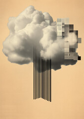 minimalist collage of barcode sticker cloud over block houses in the sky in orange, white, black col