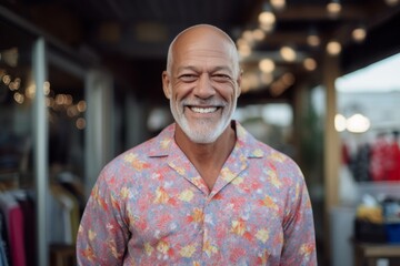 Portrait of senior man smiling at camera in a clothing store.