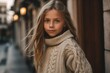 Medium shot portrait photography of a cheerful child female that is wearing a cozy sweater against an old building or architecture background .  Generative AI