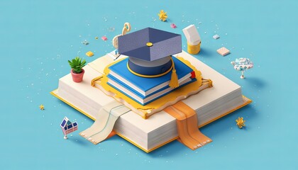 Wall Mural - Education concept. 3d of hat, book on blue background. Generative ai