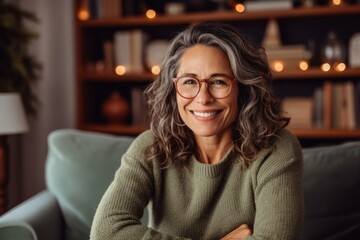 portrait of smiling mature woman in eyeglasses sitting on sofa at home