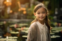 Medium Shot Portrait Photography Of A Pleased Child Female That Is Wearing A Chic Cardigan Against A Tranquil Koi Pond With Fish And Water Lilies Background .  Generative AI