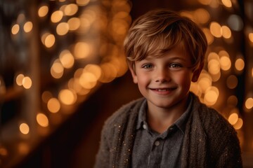 Portrait of a cute little boy in a room decorated for Christmas