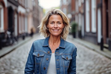 Wall Mural - Medium shot portrait photography of a pleased woman in her 40s that is wearing a denim jacket against a charming european cobblestone street with cafes background .  Generative AI