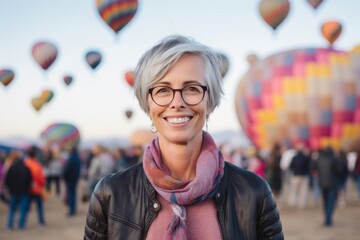 Wall Mural - Medium shot portrait photography of a pleased woman in her 50s that is wearing a chic cardigan against a colorful balloon festival with hot air balloons in the sky background .  Generative AI