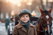 Cute Little Boy In A Brown Coat With A White Horse On A Winter Day