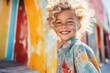 © Leon Waltz - Medium shot portrait photography of a pleased child female that is wearing a trendy jumpsuit against a scenic watercolor painting workshop in the outdoors background .  Generative AI
