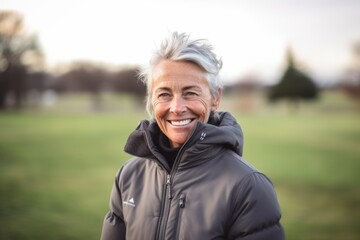 Portrait of happy senior woman smiling at camera while standing in park