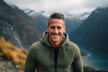 Medium Shot Portrait Photography Of A Grinning Man In His 30s That Is Wearing A Cozy Sweater Against A Scenic Mountain Hike With Breathtaking Views Background .  Generative AI