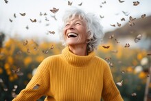 Medium Shot Portrait Photography Of A Pleased Woman In Her 60s That Is Wearing A Cozy Sweater Against A Picturesque Sunflower Field With Bees And Butterflies Background .  Generative AI