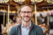 Medium shot portrait photography of a pleased man in his 30s that is wearing a chic cardigan against an old-fashioned carousel in motion at a city square background .  Generative AI