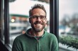 © Leon Waltz - Medium shot portrait photography of a pleased man in his 30s that is wearing a cozy sweater against a glass or window reflection background .  Generative AI