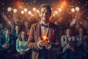 Wall Mural - Medium shot portrait photography of a satisfied man in his 30s that is wearing a chic cardigan against a captivating magic show with illusionist and audience background .  Generative AI