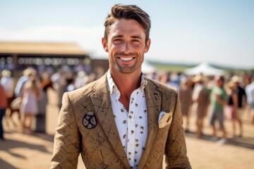 Handsome young man smiling at camera while standing at music festival