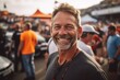 © Leon Waltz - Medium shot portrait photography of a pleased man in his 40s that is wearing a sporty tank top against an exciting race car event with pit crews working background .  Generative AI