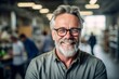 © Leon Waltz - Medium shot portrait photography of a pleased man in his 50s that is wearing a chic cardigan against a busy factory assembly line with workers background .  Generative AI