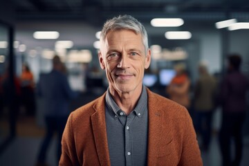 Wall Mural - Medium shot portrait photography of a pleased man in his 50s that is wearing a chic cardigan against a busy newsroom with journalists and cameras background .  Generative AI