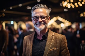 Wall Mural - Medium shot portrait photography of a satisfied man in his 50s that is wearing a chic cardigan against a charity gala event with auction and celebrities background .  Generative AI
