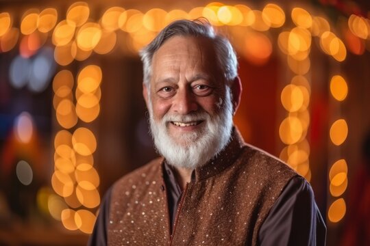 Medium shot portrait photography of a satisfied man in his 60s that is wearing a cozy sweater against a traditional indian wedding celebration background .  Generative AI