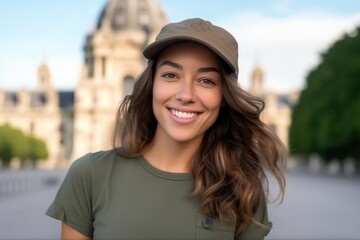 Wall Mural - Medium shot portrait photography of a satisfied woman in her 30s that is wearing a cool cap or hat against a historic monument or landmark background .  Generative AI