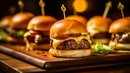 Wall Mural - A platter of mini cheeseburgers, with juicy beef patties, melted cheese, pickles, and a special sauce, served on soft slider buns, generative ai