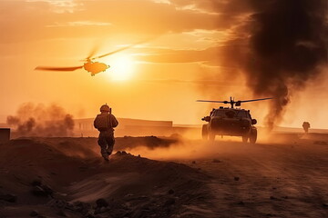  soldiers crosses warzone with fire and smoke in the desert, military special forces, tank