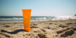 Bottle of sunscreen on the beach, concept of care on vacation, IA generativa