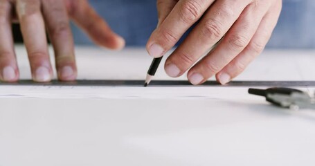 Poster - Hands, pencil and ruler for drawing on paper, blueprint and engineering of technical project, architecture and illustration. Closeup, designer and stationery for lines, sketch and creative floor plan