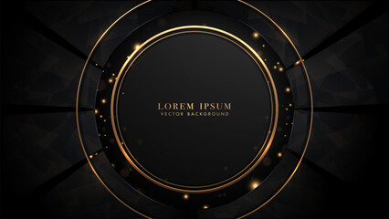 Gold circle and black geometric shape with shiny dots effects and bokeh element decoration on black background. Luxury style vector design