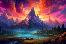 Colorful Landscape With Mountains, A Lake, Fields, And Clouds. Generative AI