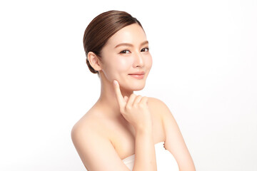 beautiful young asian woman with clean fresh skin on white background, face care, facial treatment, 