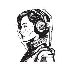 Wall Mural - science fiction cyborg female, vintage logo line art concept black and white color, hand drawn illustration