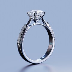 Poster - 3D render design of platinum ring with diamonds surrounding the ring on white background.