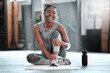 © Beaunitta Van Wyk/peopleimages.com - Gym, portrait or happy black woman on break after a workout, exercise or training for fitness. Funny, smile or healthy sports girl or female African athlete smiling or relaxing with positive mindset