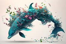 Image Of Brightly Colored Dolphin With Colorful Tropical Flowers. Wild Animals. Illustration. Generative AI.