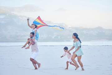 Poster - Kite, beach or parents playing with happy kids on fun holiday vacation together with happiness in summer. Smile, children siblings or mom with girl or boy on family time with father at sea in Mexico