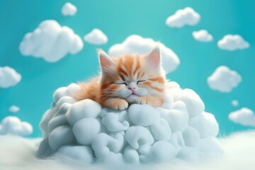 Canvas Print - A cute little baby cat sleeps on a cloud. Generative AI