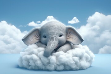 Poster - A cute little baby elephant sleeps on a cloud. Generative AI