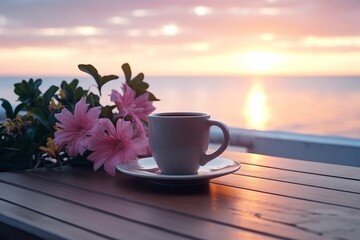 a mug with coffee on a table with pink flowers, a tropical island in the background of the sea. gene