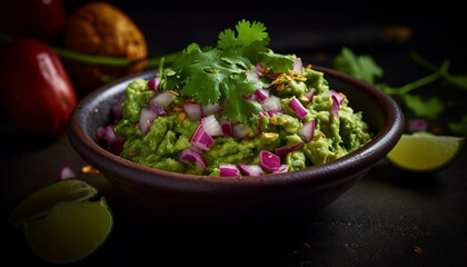 Poster - Fresh gourmet salad with organic vegetables and guacamole generated by AI