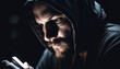 © Grgroup - Hooded man in dark clothing looks serious generated by AI