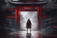 Generative AI.
Illustration Background Of A Samurai In Front Of Japan Gate