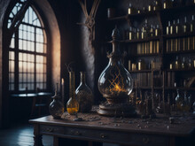 Magic Alchemical Laboratory Wizard Room. AI Generated