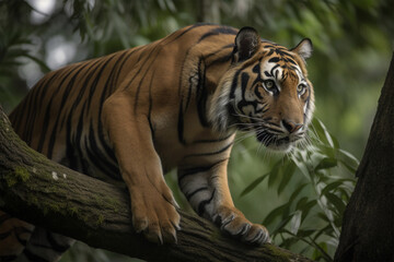 Wall Mural - a Sumatran tiger on a tree branch