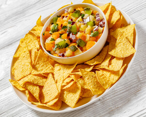 Sticker - summer fruit salsa with tortilla chips on plate