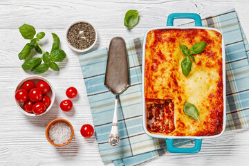 Canvas Print - lasagne al forno, italian beef lasagna, top view