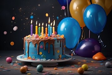 Wall Mural - Birthday cake with candles, balloons and confetti on dark background, Beautiful birthday concept with a delicious cake, AI Generated