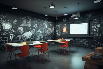 Futuristic school classroom with augmented reality projected in a electronic blackboard. Generative AI
