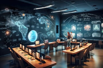 Wall Mural - Futuristic school classroom with augmented reality projected in a electronic blackboard. Generative AI